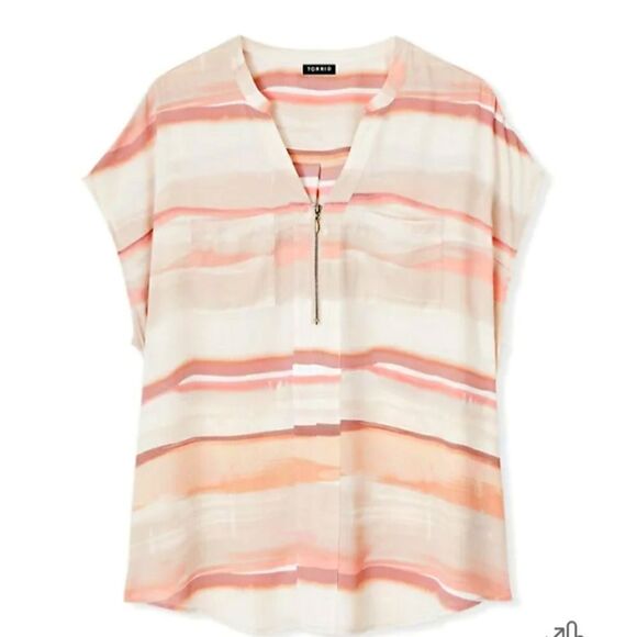 Woman's Torrid Watercolor Georgette Zip Front Top 0 12 Peach Stripes - Picture 5 of 9